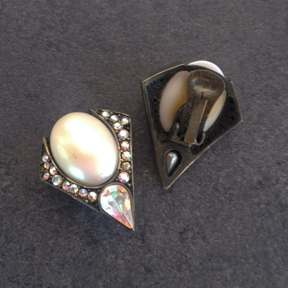 Vintage Deco Revival Pearl Dome and AB Earrings - Picture 2 of 3
